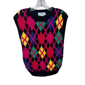Bibesco Women's Black Argyle Knit Sweater Vest Sleeveless Vintage Preppy Scholar